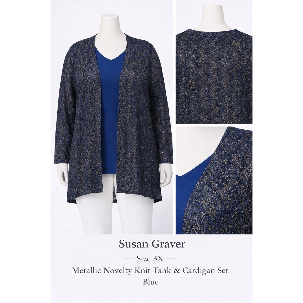 Susan Graver Metallic Novelty Knit Cardigan and Liquid Knit Tank‎ Set Navy Blue